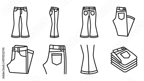 Set of line art jeans isolated on transparent checkered background modern fashion apparel vector icons