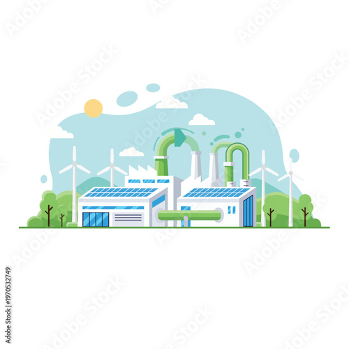 Modern industrial factory using solar panels and wind turbines with clean energy system for sustainable production and eco friendly environment concept