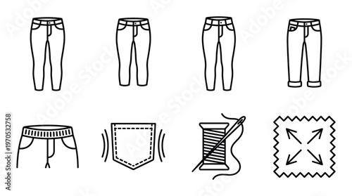 Set of jeans and sewing icons, linear style, black outline isolated on transparent background