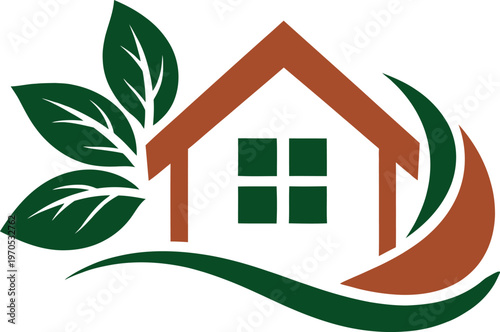 A clean and modern eco-friendly home logo featuring a house surrounded by green leaves and natural curves. The design symbolizes sustainability, organic living, and environmentally conscious housing, 