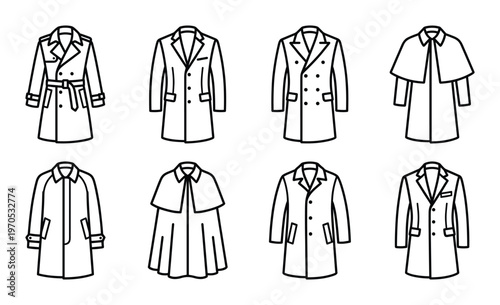 Set of male overcoats and cloaks line icons. fashion apparel outerwear outline pictogram