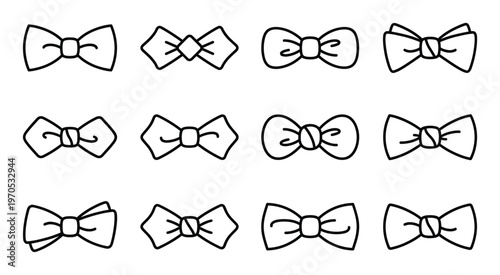 Set of twelve black and white bow ties. festive clothing accessory, vector outline illustration
