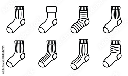 Set of winter sock line icons representing different fabric textures and knitted patterns for warmth