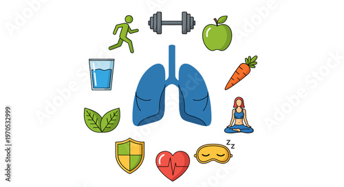 A vibrant collection of icons representing health and wellness, centered around healthy lungs