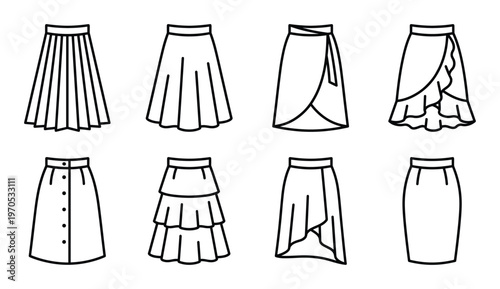 Skirt icons set with various styles including pleated wrap and pencil designs on transparent background
