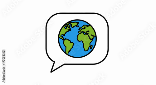 Globe inside a speech bubble, symbolizing global communication and connection, flat design