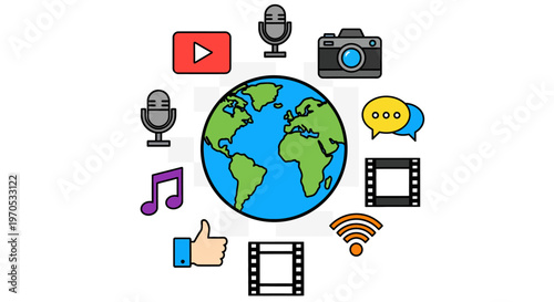 Digital connections around the globe, with icons representing communication, media, and technology
