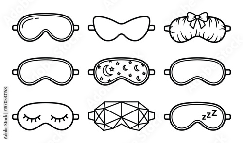 Sleeping mask line icons set with different shapes and patterns for travel or night rest relaxation