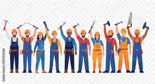 United professional construction workers proudly displaying their essential tools, symbolizing teamwork, dedication, and industry expertise