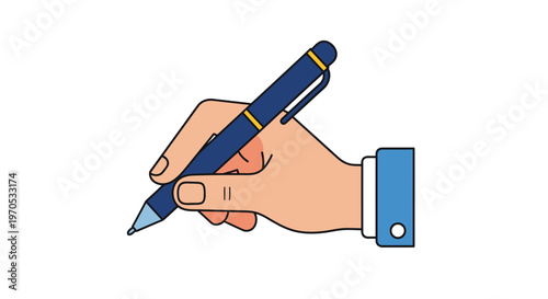 Hand holding a pen, poised to write or sign a document, symbolizing communication, education, and official tasks