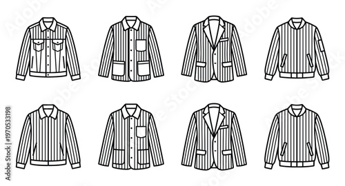 Striped jacket and bomber jacket line icons. fashion apparel outerwear outline pictogram set