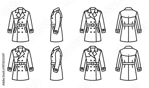 Trench coat vector line icons. classic fashion outerwear apparel outline pictogram set