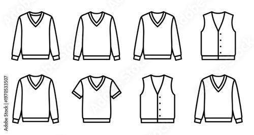 Vneck sweater and vest line icons including long sleeve short sleeve and buttoned knitwear designs