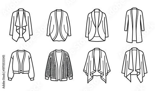 Woman cardigan, sweater and shawl outline fashion flat vector icon set for app and websites