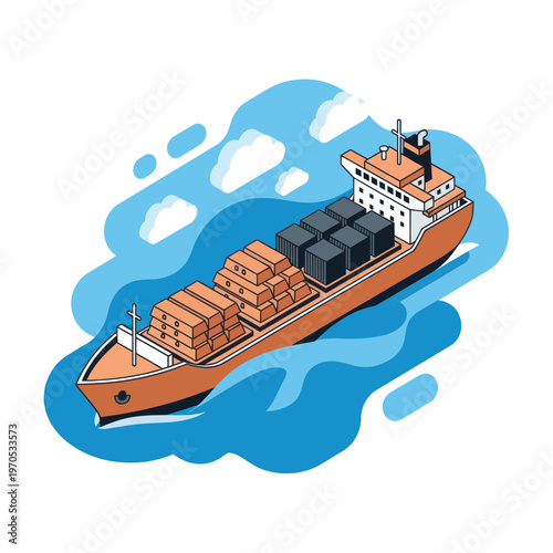 Cargo Ship Isometric Illustration with Containers and Wood Crates.