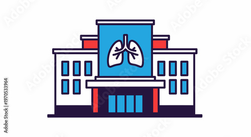 Modern Hospital Building Exterior With Lungs Symbol Above Entrance, Medical Center Architecture Illustration