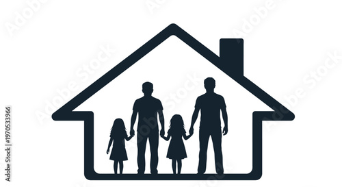 Symbolic illustration of a loving family unit within a house outline, representing safety, security, and the comfort of home. A flat 2D vector graphic