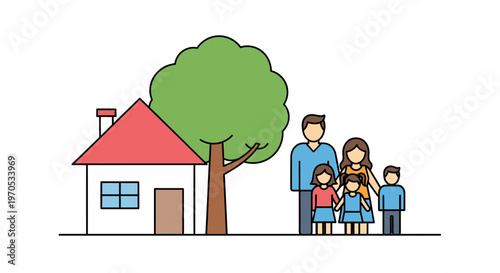 Illustration of a Family Standing in Front of Their Home with a Tree