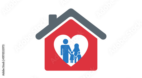 Symbolic illustration of a loving family unit protected within a heart-shaped home, representing security, care, and community well-being