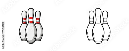 Bowling pins in flat cartoon and black line style in white and red colors representing professional sports equipment for leisure activities and competition on white background