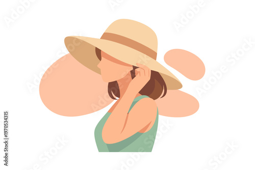 Minimalist Vector Portrait of a Woman Wearing a Straw Sun Hat