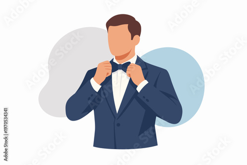 Elegant Man in Navy Blue Tuxedo Adjusting His Bow Tie Vector
