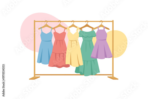 Colorful Summer Dresses Hanging on a Fashion Clothing Rack Vector