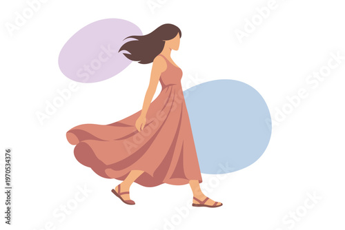 Elegant woman walking in flowing summer dress vector illustration