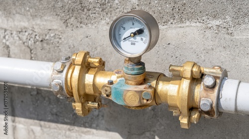 Industrial Brass Water Meter with Visible Pressure Gauge on Concrete Wall