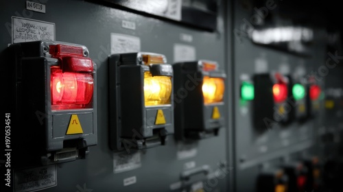 Industrial Electrical Switchboard with Illuminated Circuit Breakers and Indicators