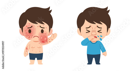 Child with Allergic Skin Rash and Boy Sneezing Vector Illustration in Flat Cartoon Style for Pediatric Health, Allergy Symptoms, and Illness Awareness.