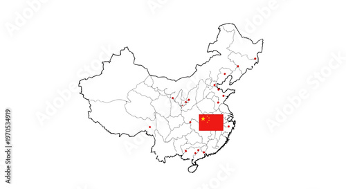 China Map Vector Illustration with National Flag Highlighting Provinces and Key Cities, Ideal for Geography, Business, and Travel Presentations