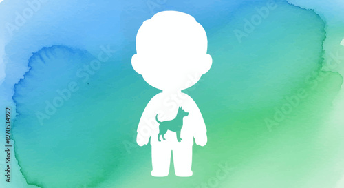 Child Silhouette with Dog Inside Vector Illustration on Watercolor Background, Symbolizing Inner Pet Love, Emotional Connection, and Human-Animal Bond.