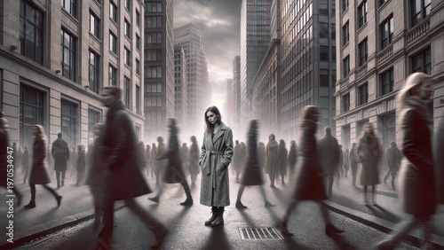 Solitary woman standing perfectly still in sharp focus on a busy city street while a crowd of blurred people rushes past her in motion representing isolation. Alone in a fast-paced world.
