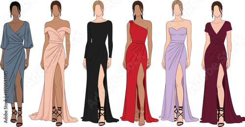 Evening Gowns Collection, Elegant Dresses for Formal Events, Fashionable Dresses with Slit Designs in Various Colors