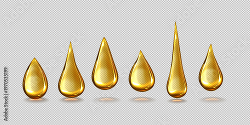 Golden drops and stains of oil or honey isolated on transparent background liquid gold drips organic cosmetic texture glossy fluid design element mockup