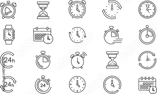 Time and Clock Icons Set, Hourglass, Stopwatch, Calendar, Watch, and Time Management Symbols for Scheduling and Productivity Concepts