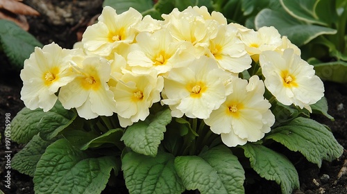 Close up on a beautiful cluster of pale yellow primrose flowers blooming in the sunlight