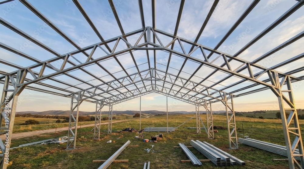 Fototapeta premium Construction site metal frame structure.
