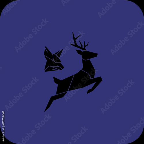 Geometric Deer and Fox Silhouette on Blue Background.