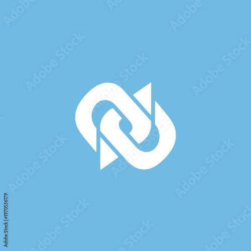 Interlocking abstract white symbol on blue background.