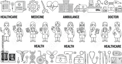 Healthcare, Medicine, and Doctor Icons Set, Medical Tools, Ambulance, Doctor, Nurse, and Health Symbols for Healthcare Services