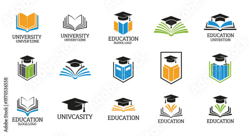Professional education and university logo templates featuring books and graduation caps icons