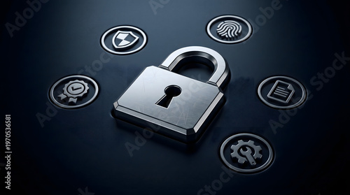 cyber security concept with 3d silver padlock surrounded by digital icons for fingerprint biometric protection data privacy shield and encrypted network safety on dark background