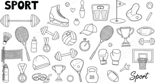 Sports Equipment and Accessories Icons Set, Gym, Fitness, Basketball, Tennis, Swimming, and Football Symbols for Athletic and Health Concepts