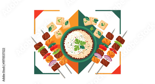 Middle Eastern Food Vector Illustration with Beef Kebabs and Rice Bowl for Ramadan Concept