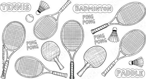 Tennis, Badminton, and Ping Pong Rackets Set, Sports Equipment for Outdoor and Indoor Games, Paddle and Racket Designs