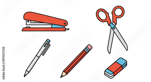 Office supplies on white background.