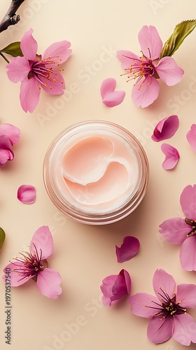 Jar of cream is centered amid fallen pink petals and blossoms softly overhead