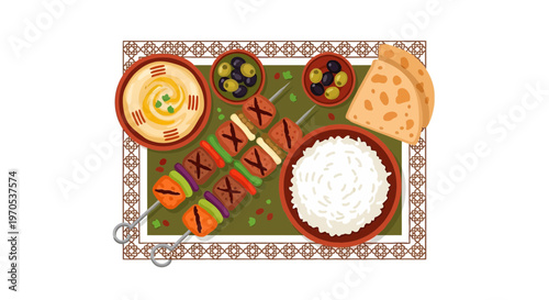 Middle Eastern Food Platter with Beef Kebab, Hummus, Rice, and Pita Bread on Islamic Ornament Background